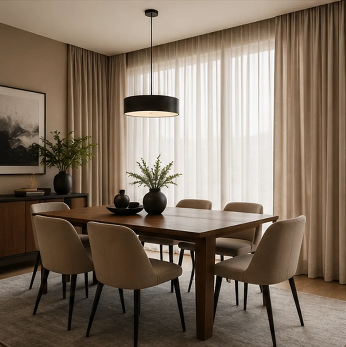 Comedor moderno con cortinas decorativas