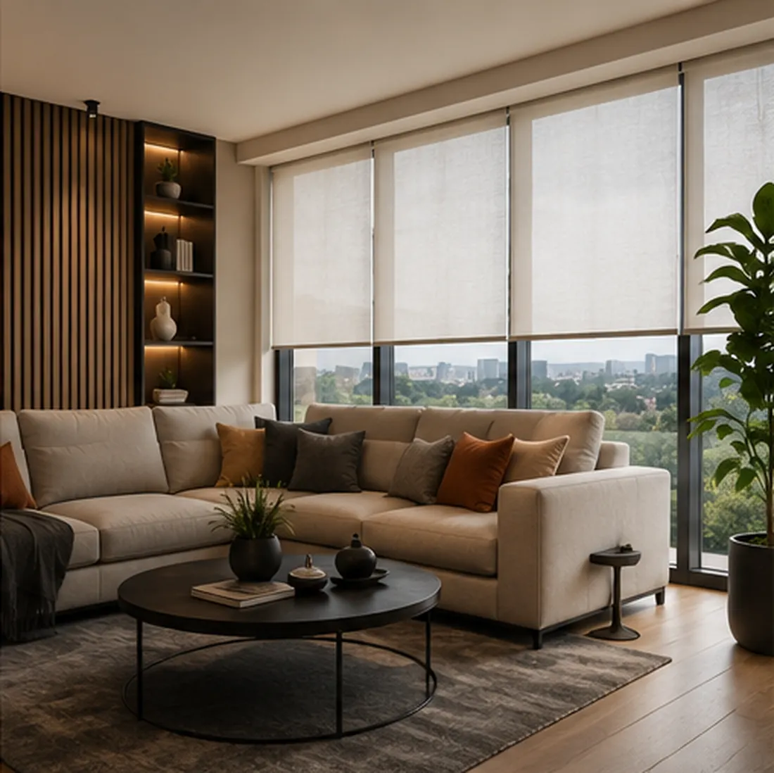 Sala moderna con persianas y acabados contemporáneos